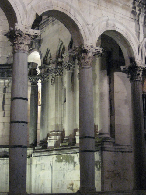 View from the peristyle, Sunday night Roman columns and modern floodlighting