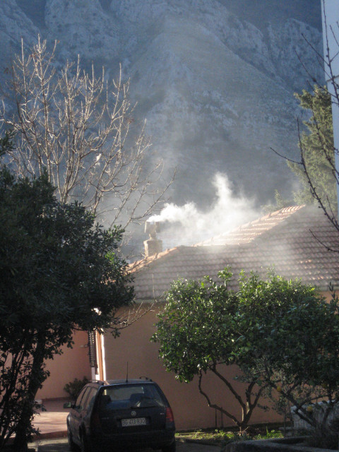 chimney house, chimney smoke, water, mountains