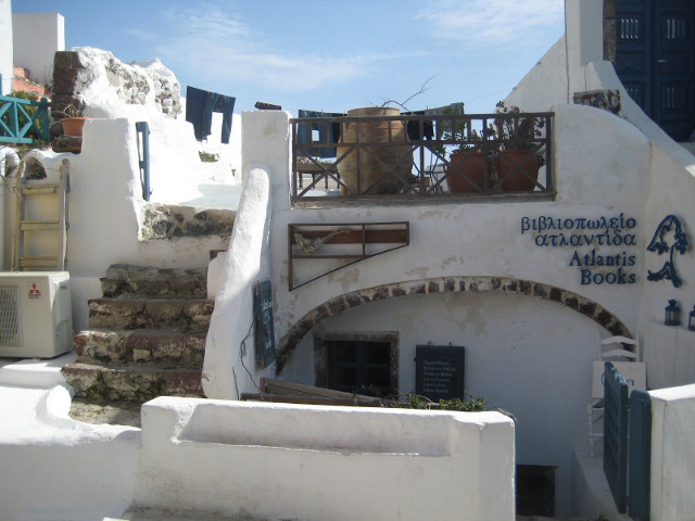 right view Atlantis Books - entrance below, terrace above