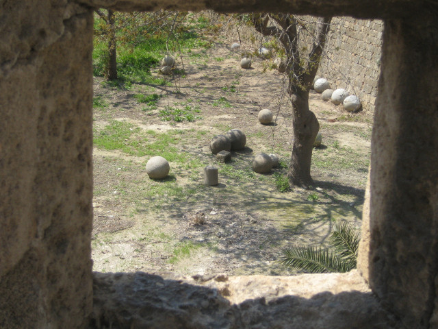 Balls stone spheres in the now-dry city moat