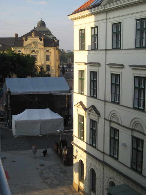 early morning view southward streets and buildnings in low-angle light