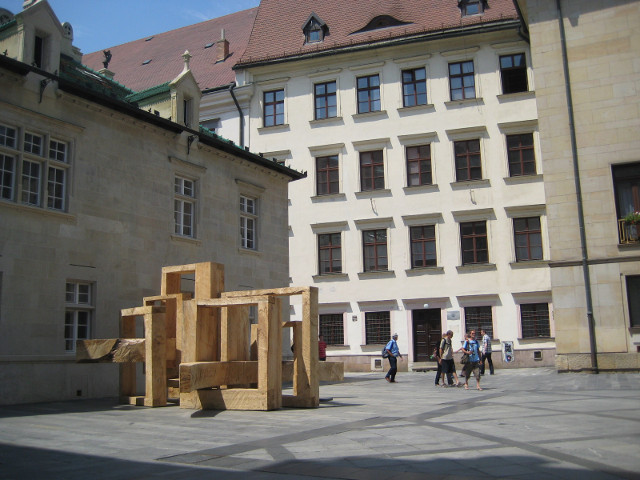 Climbable sculpture, Bishop's Square glue-lam beams arranged artistically in plaza
