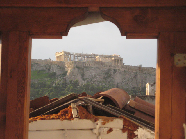 Day Acropolis, framed by terrace 2x4's