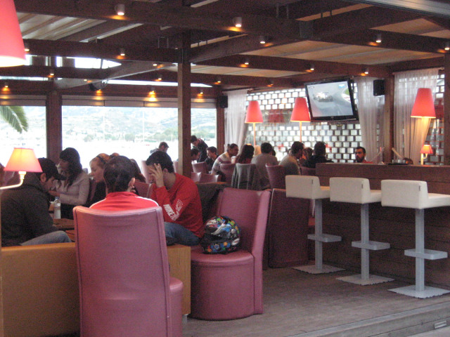 Same thing, different cafe prefab bar annex, pink chairs