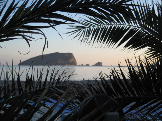 twilight at the beach rocky islet framed by palm fronds