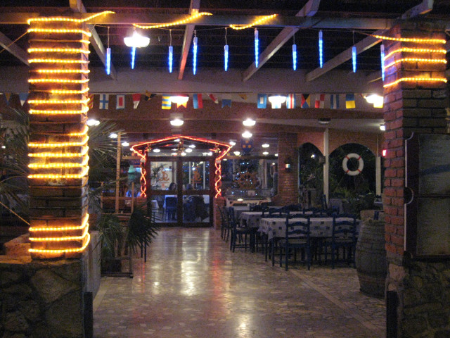Christmas restaurant holiday lights, makking hotel entry look like a jukebox