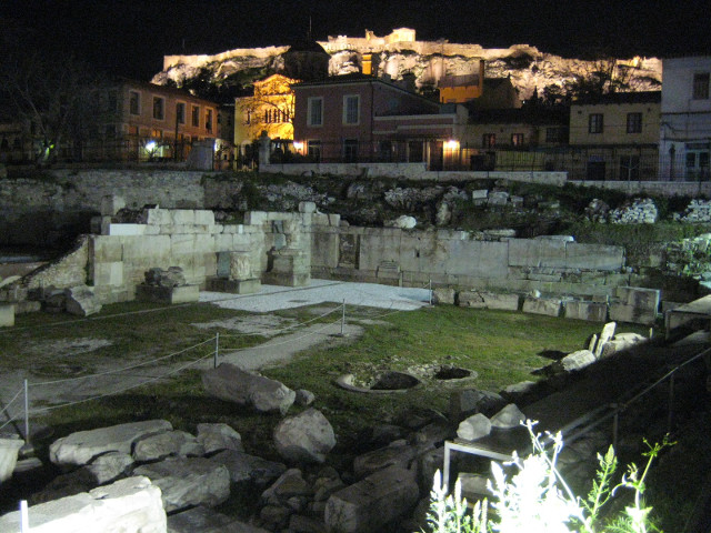 Near Monastiraki Square Roman ruins, Acropolis in background