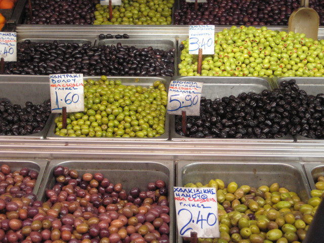 Agora - an olive stall 10 kinds of olives on display
