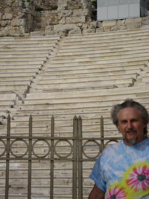 Herod Atticus' Theater with hippie yrs trly in fronnt of stone amphitheater