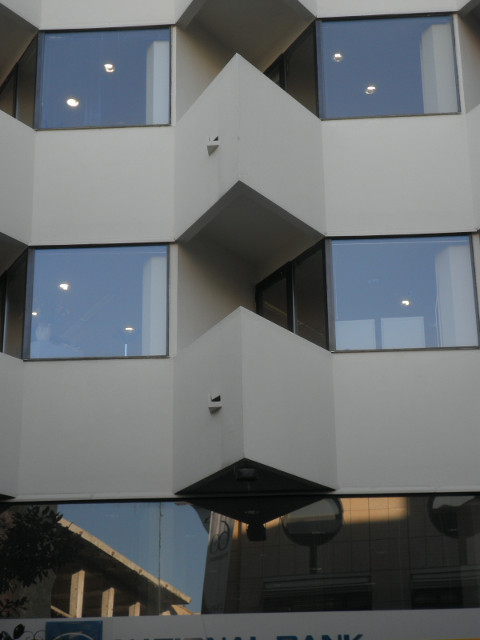 National Bank llayered, angular office building