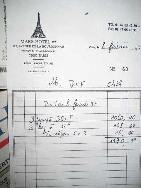 From the Mars Hotel Receipt from Mars Hotel, Paris