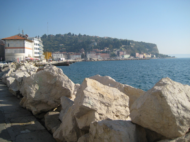 Piran South Shore Rocky breaakwater along Adriatic