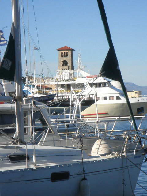 default title yachts in harbor, square tower