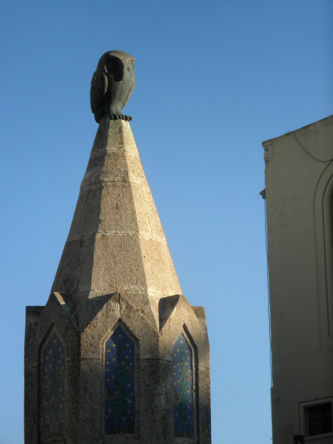 Owl Hoot bronze owl atop pointy pedestal