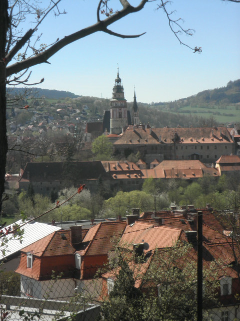 First View old town with spires, seen from nearby hill