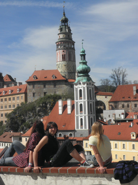 Two Towers, Three Touristas Round castle, onion-spire church tower, teenage tourist girls