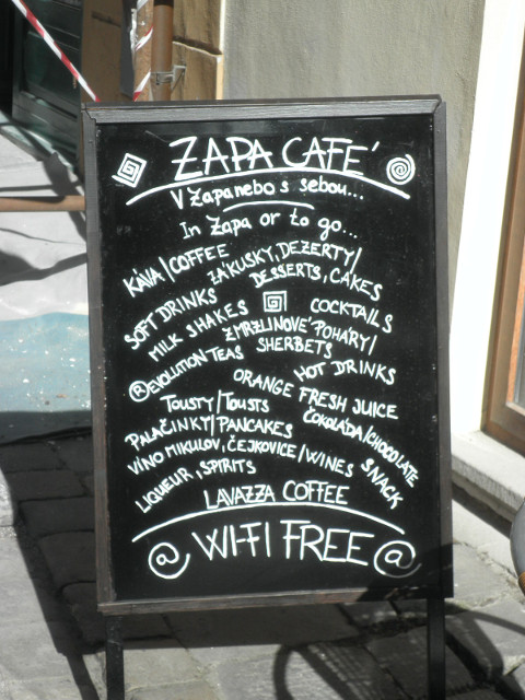 Krumlov - Zapa Cafe Cafe chalkboard, mostly in English