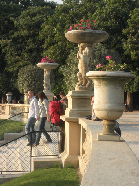 Lukembourg Garden at Sunset 3 people walking down stone stairs in park